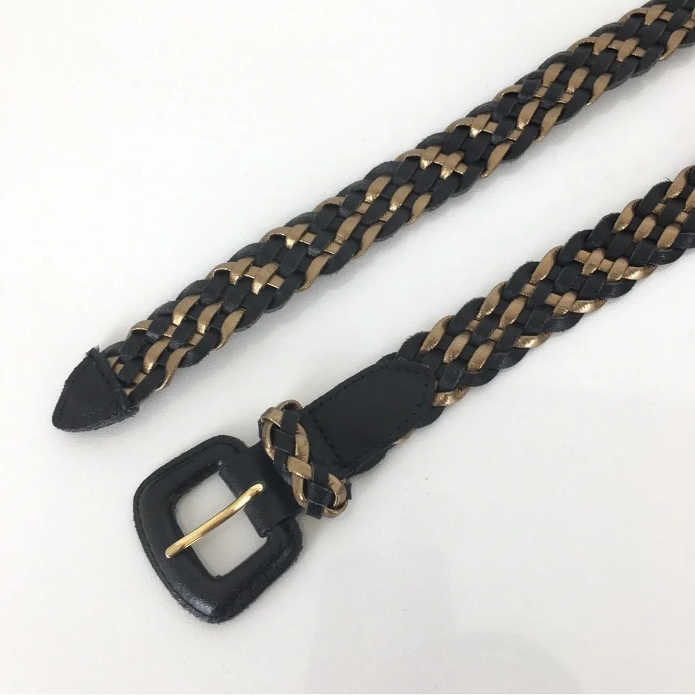 Vintage 80’s Woven Leather Belt Black And Gold Retro Braided Women’s Size M